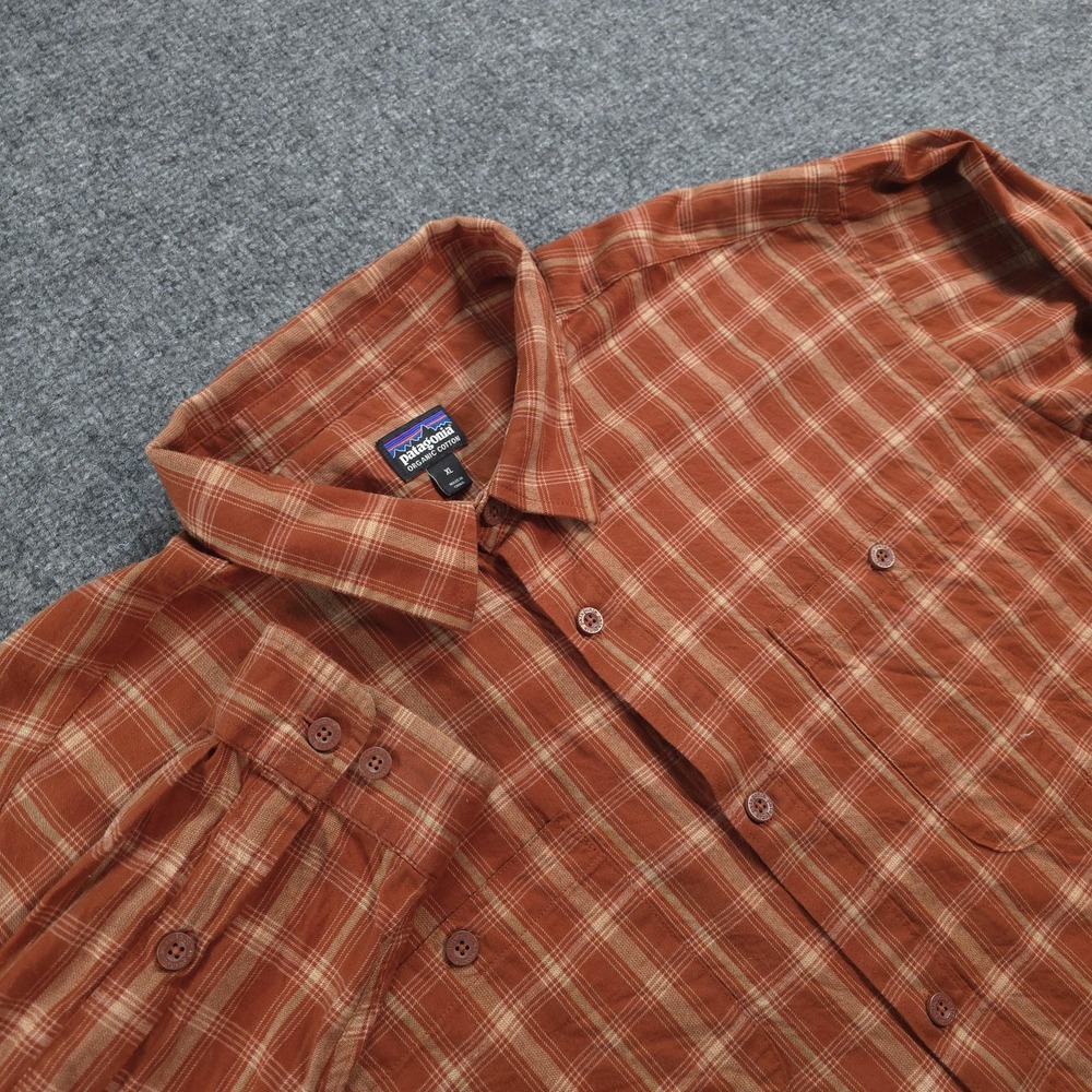 Patagonia Shirt Mens XL Brown Plaid Long Sleeved Pima Organic Hiking Camp Trail